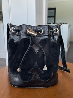 Vintage 90s Donald J Pliner Groovy Leather & Suede Bucket Bag in Black & Silver